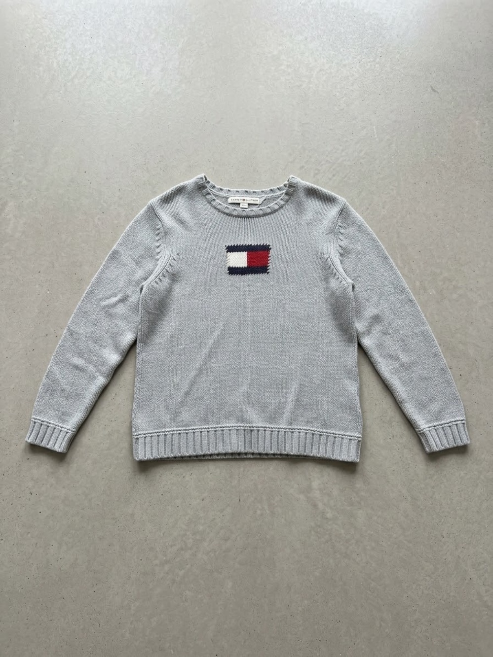 Tommy Hilfiger Light Gray Crewneck Sweater with Signature Flag